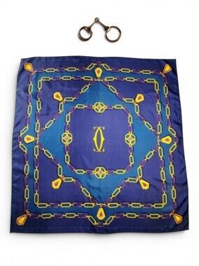 Pristine CARTIER Silk Twill Scarf 90cm Blue Square 35" + Horsebit Scarf Ring
